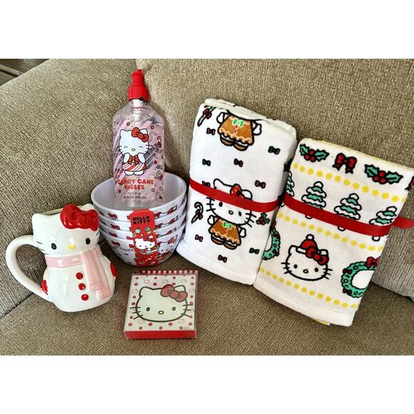 HELLO KITTY XMAS DECOR Snowman Mug Gingerbread Hand Towels Candy Cane Bowls Soap - Picture 16 of 16